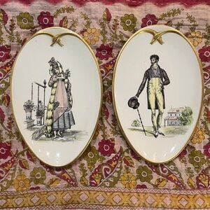 VTG Vintage Mottahedeh Designs Oval Plates - Gold Trim S.5401 Set of 2